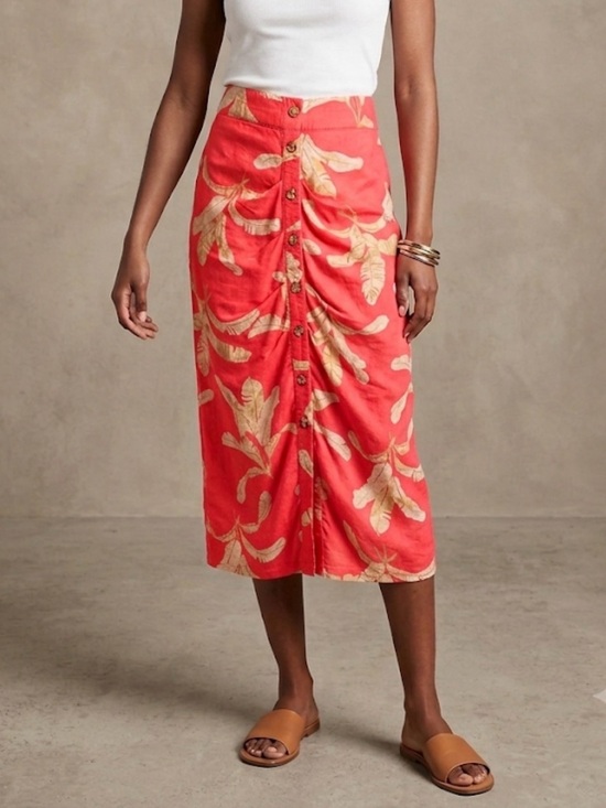 Colleen Lopez Dresses & Skirts - Colleen Lopez Coral Midi Skirt with the khaki Leaf Print Linen Blend